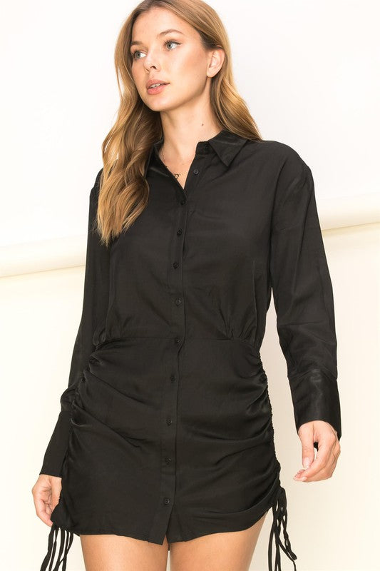 High-Class Ruched Button-Front Shirt Dress BLACK S by HYFVE | Fleurcouture