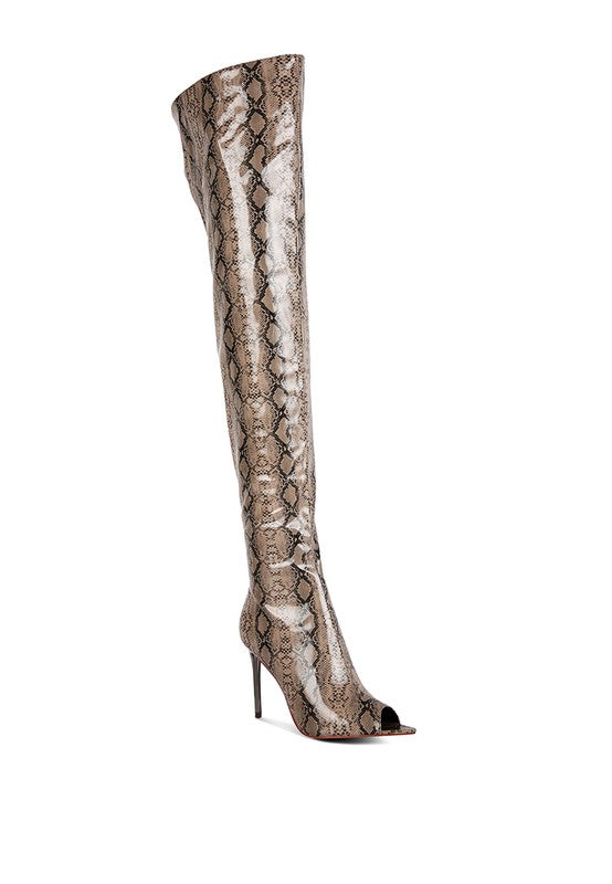 High Drama Snake print Stiletto Long Boots Black 5 by Rag Company | Fleurcouture