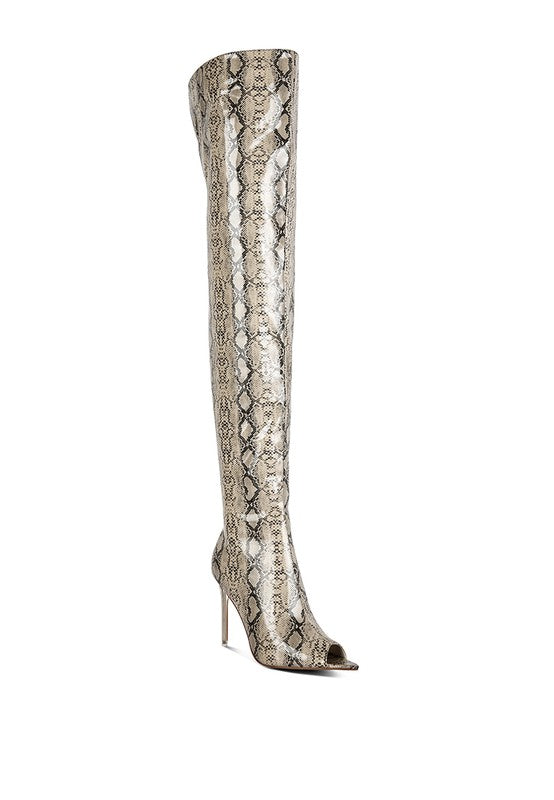 High Drama Snake print Stiletto Long Boots Nude 5 by Rag Company | Fleurcouture