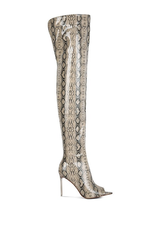 High Drama Snake print Stiletto Long Boots by Rag Company | Fleurcouture