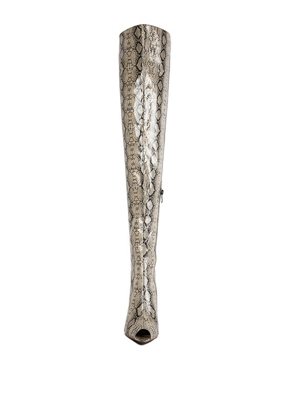 High Drama Snake print Stiletto Long Boots by Rag Company | Fleurcouture