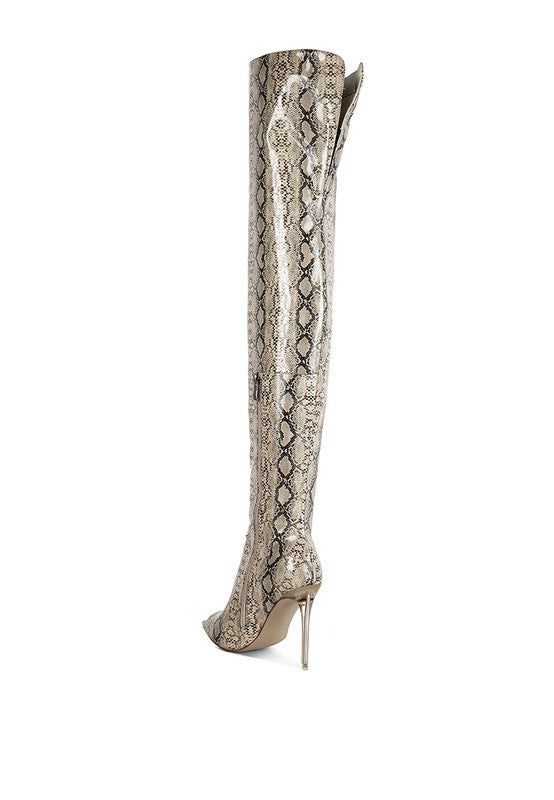 High Drama Snake print Stiletto Long Boots by Rag Company | Fleurcouture