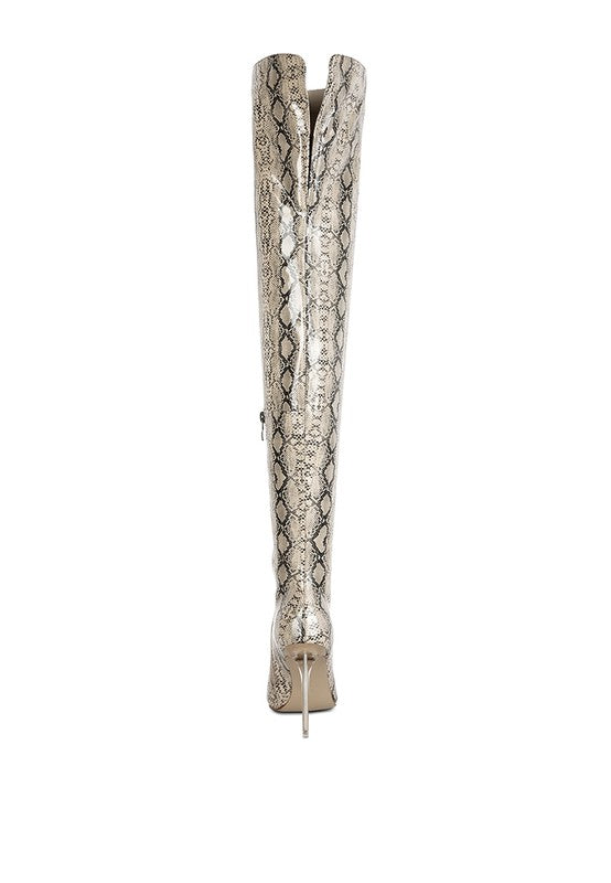 High Drama Snake print Stiletto Long Boots by Rag Company | Fleurcouture