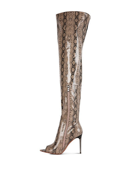 High Drama Snake print Stiletto Long Boots by Rag Company | Fleurcouture