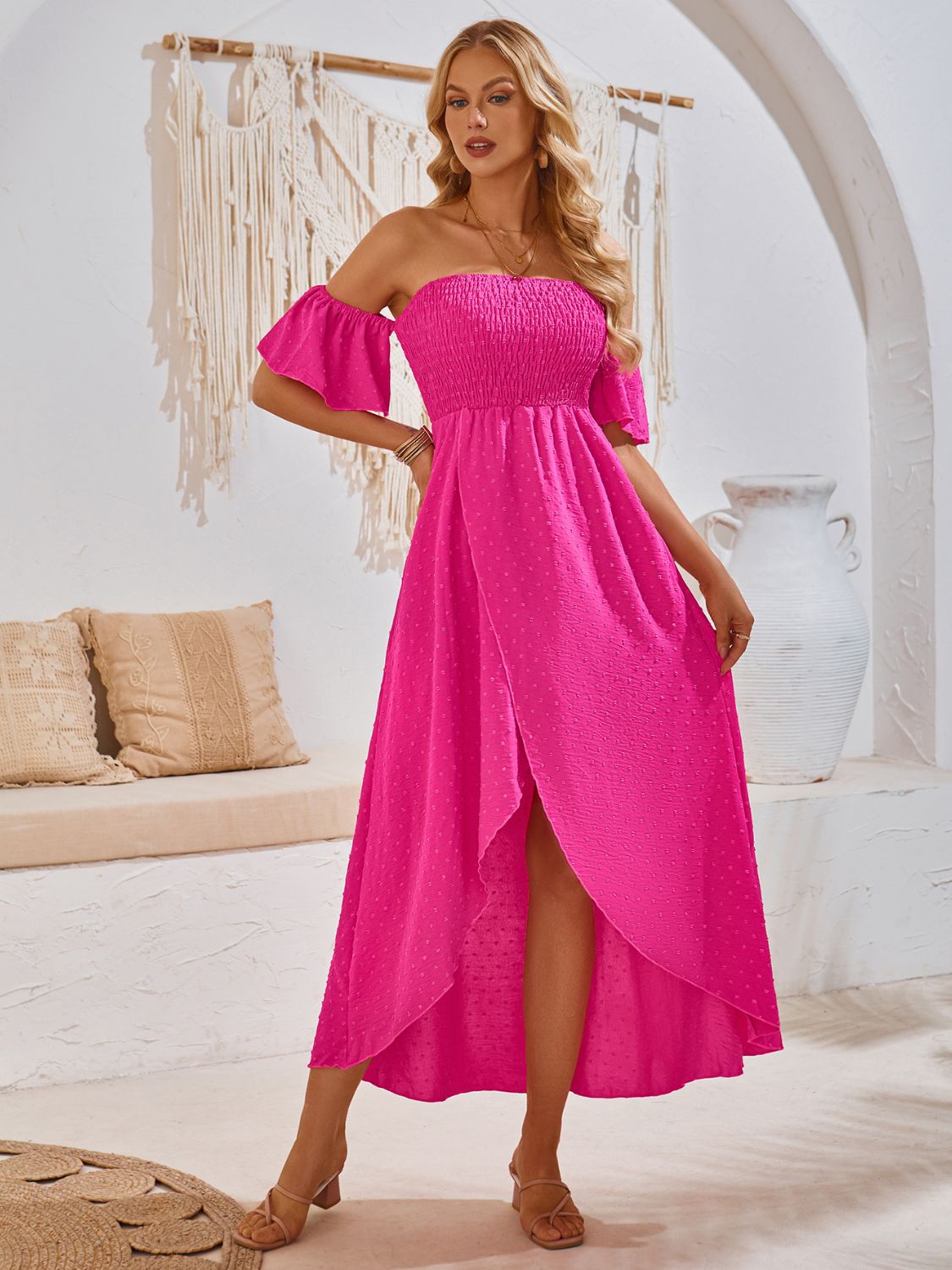 High-Low Smocked Short Sleeve Midi Dress Hot Pink S Women&