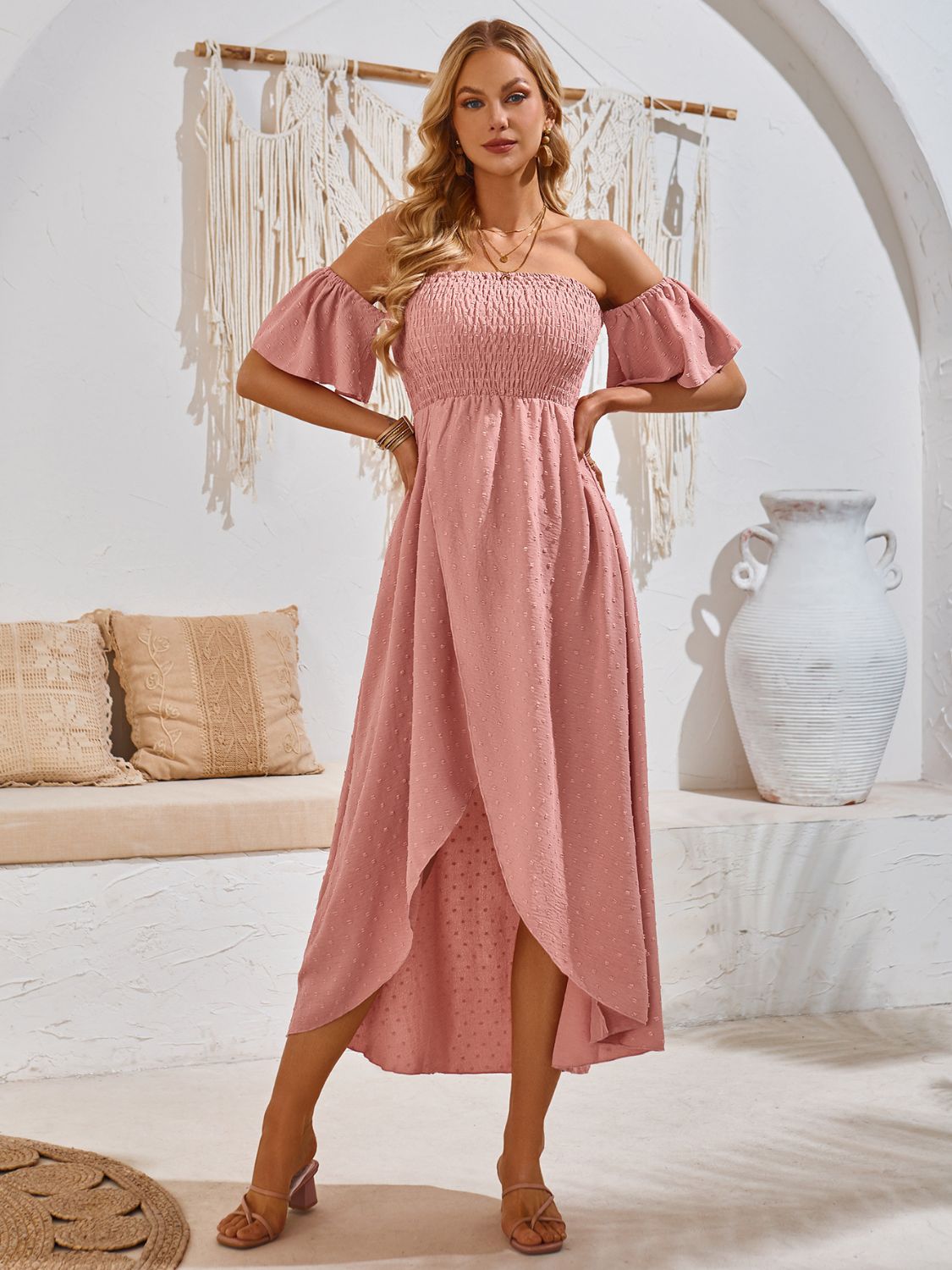 High-Low Smocked Short Sleeve Midi Dress Pale Blush S Women&