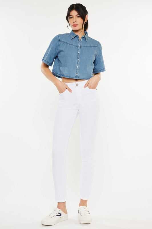 High Rise Ankle Skinny Jeans White by Kan Can USA | Fleurcouture