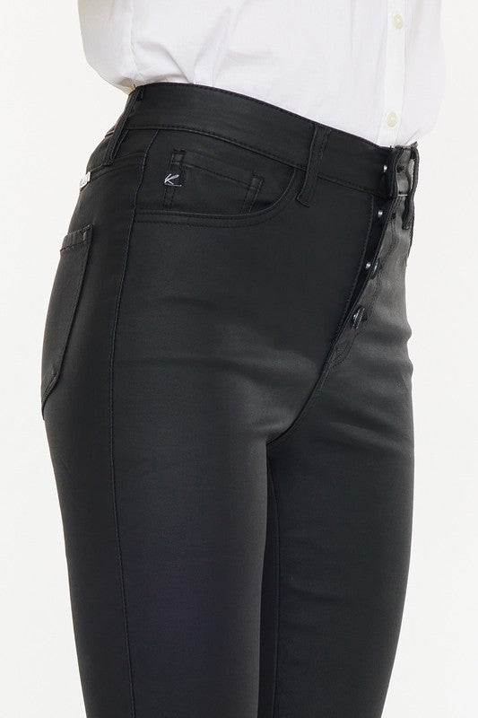 High Rise Black Coated Ankle Skinny Jean Black by Kan Can USA | Fleurcouture