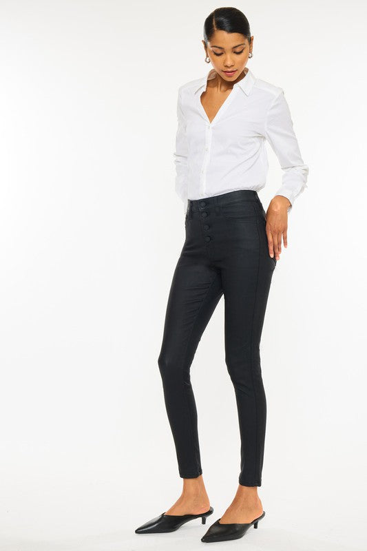 High Rise Black Coated Ankle Skinny Jean Black by Kan Can USA | Fleurcouture