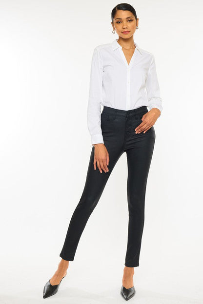 High Rise Black Coated Ankle Skinny Jean Black by Kan Can USA | Fleurcouture