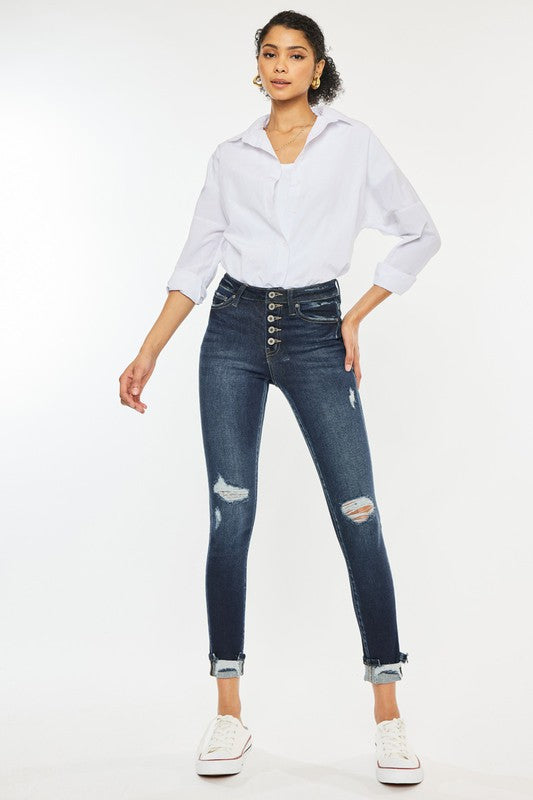 High Rise Button Down Cuffed Ankle Skinny Jeans DARK 1/24 by Kan Can USA | Fleurcouture