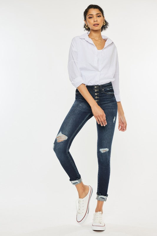 High Rise Button Down Cuffed Ankle Skinny Jeans DARK by Kan Can USA | Fleurcouture