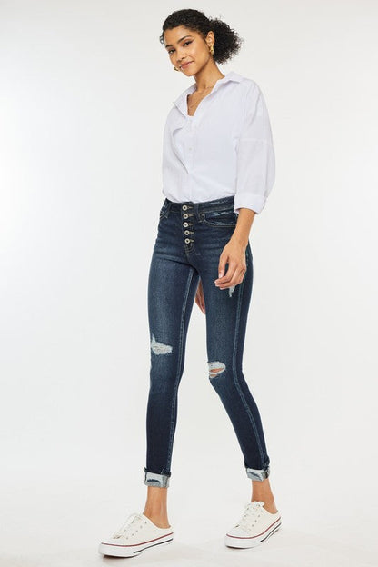 High Rise Button Down Cuffed Ankle Skinny Jeans DARK by Kan Can USA | Fleurcouture