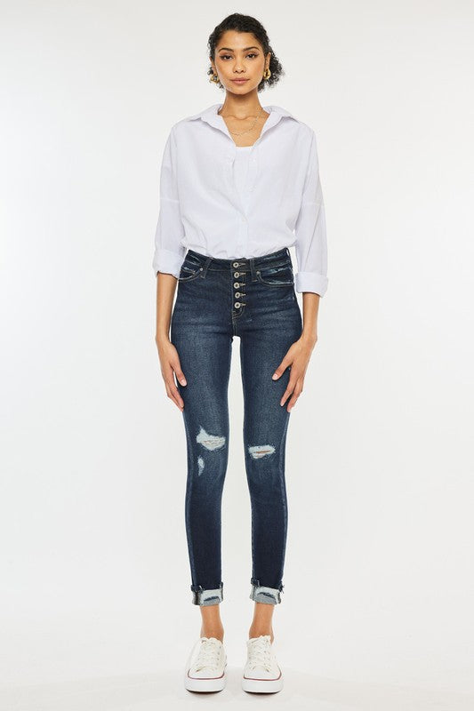 High Rise Button Down Cuffed Ankle Skinny Jeans DARK by Kan Can USA | Fleurcouture