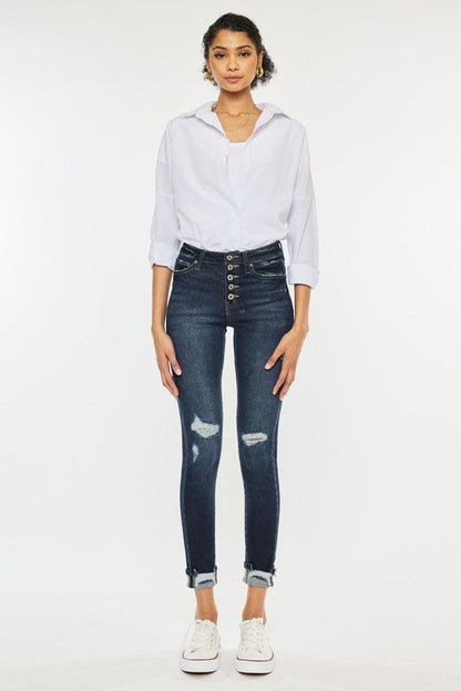 High Rise Button Down Cuffed Ankle Skinny Jeans DARK by Kan Can USA | Fleurcouture