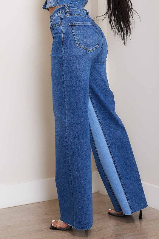 High-Rise Color Block Wide Jeans Medium Stone by Vibrant M.i.U | Fleurcouture