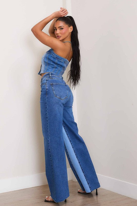 High-Rise Color Block Wide Jeans Medium Stone by Vibrant M.i.U | Fleurcouture