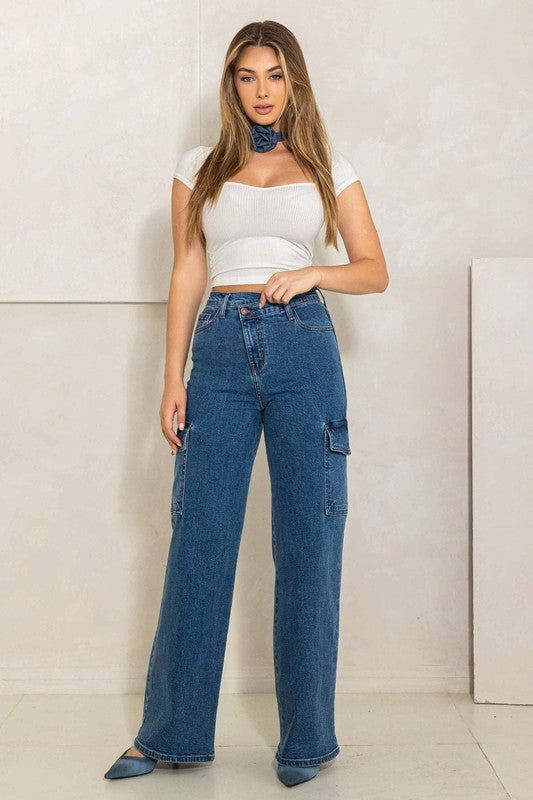 High Rise Crossed Waist Cargo Wide Jeans Medium Stone 1 by Vibrant M.i.U | Fleurcouture