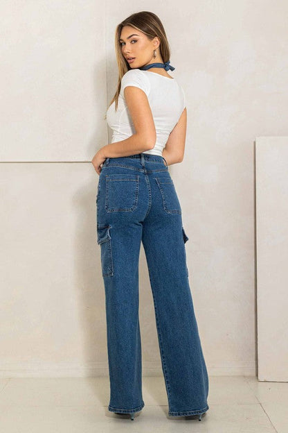 High Rise Crossed Waist Cargo Wide Jeans Medium Stone by Vibrant M.i.U | Fleurcouture