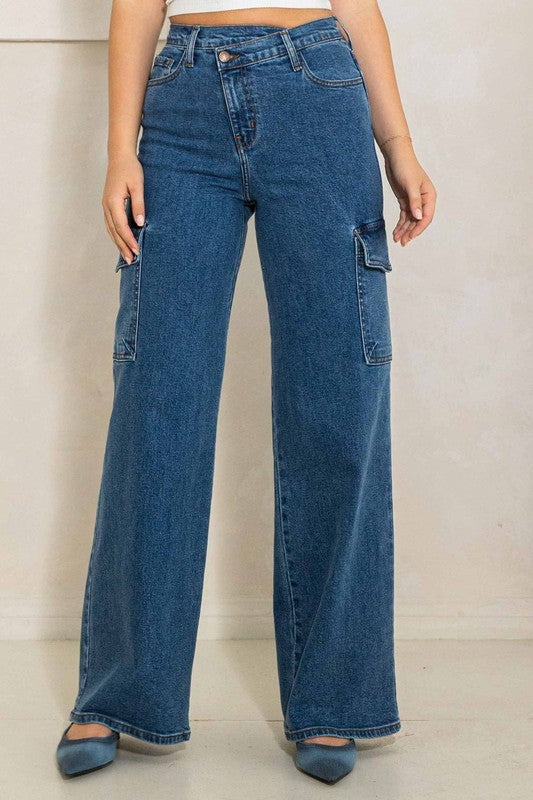 High Rise Crossed Waist Cargo Wide Jeans Medium Stone by Vibrant M.i.U | Fleurcouture