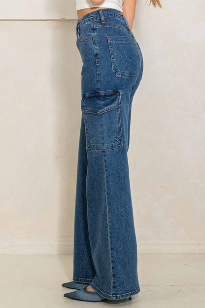 High Rise Crossed Waist Cargo Wide Jeans Medium Stone by Vibrant M.i.U | Fleurcouture