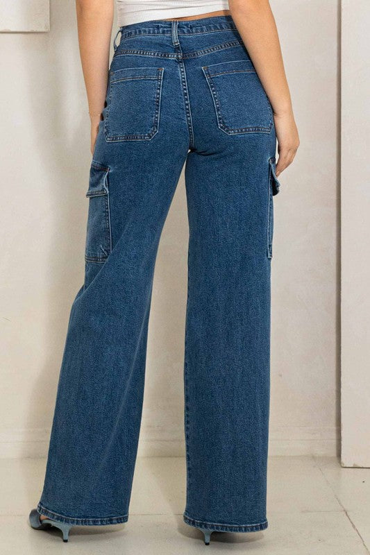 High Rise Crossed Waist Cargo Wide Jeans Medium Stone by Vibrant M.i.U | Fleurcouture