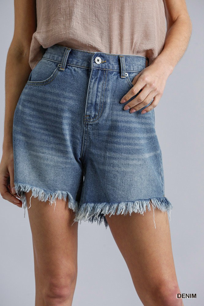 High Rise Denim Shorts With Raw Hem by Fleurcouture | Fleurcouture