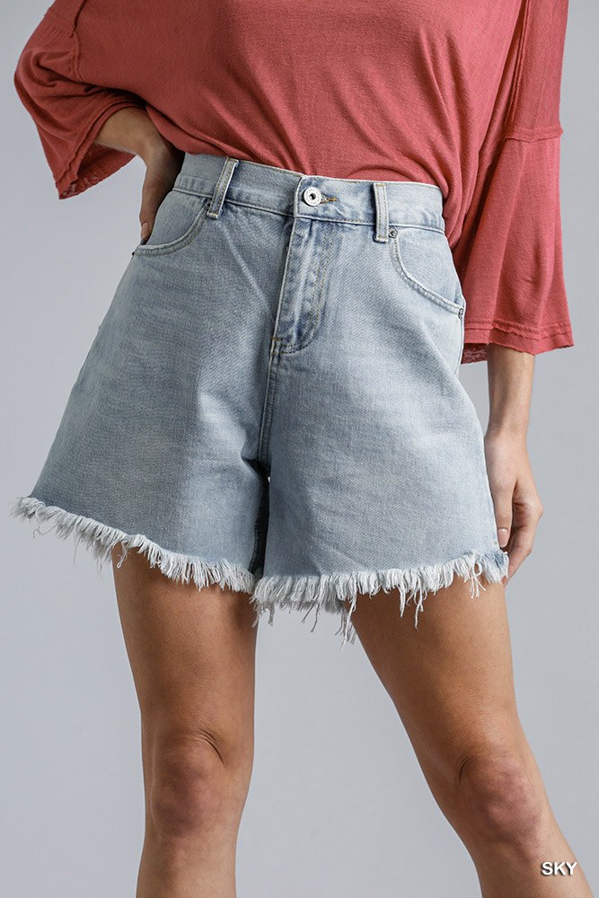 High Rise Denim Shorts With Raw Hem by Fleurcouture | Fleurcouture