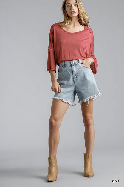 High Rise Denim Shorts With Raw Hem by Fleurcouture | Fleurcouture