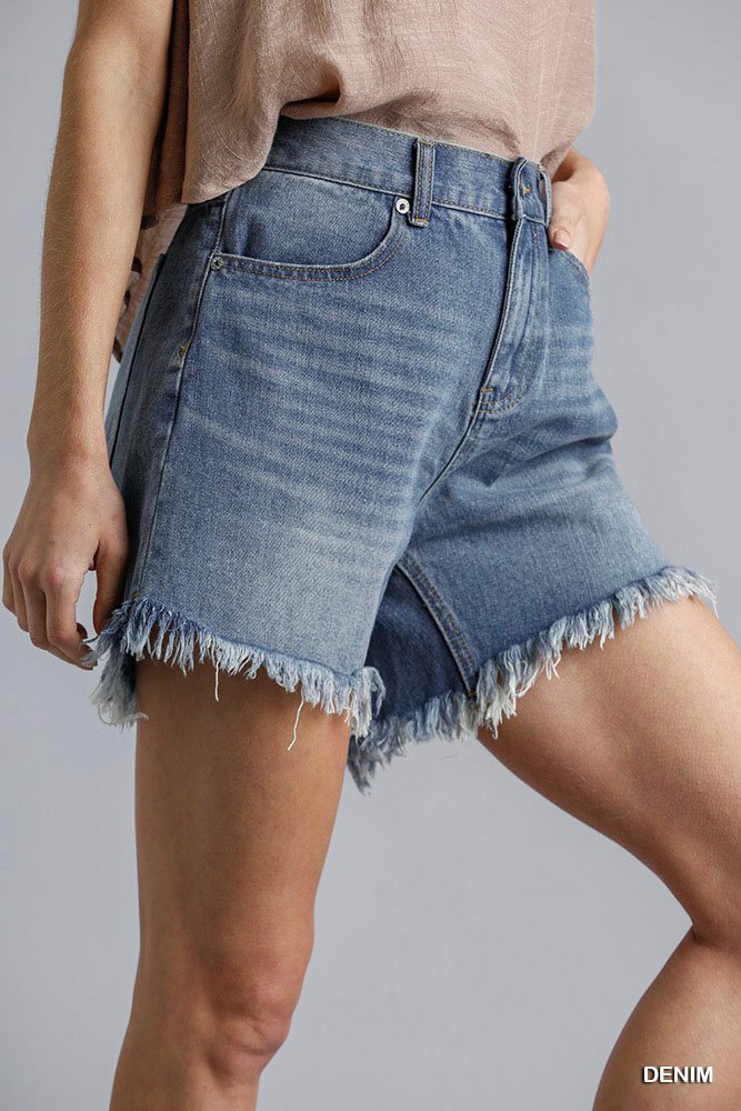 High Rise Denim Shorts With Raw Hem by Fleurcouture | Fleurcouture
