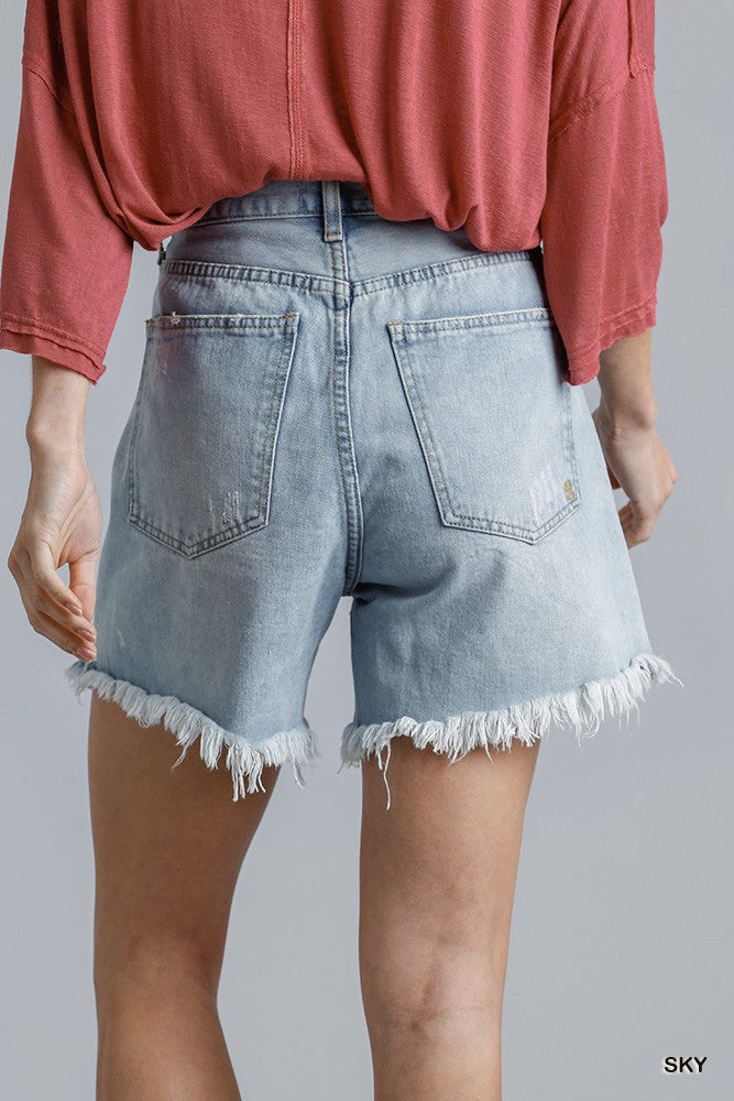 High Rise Denim Shorts With Raw Hem by Fleurcouture | Fleurcouture