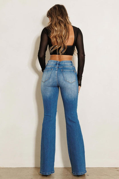 High Rise Distressed Flare Jeans Dark Stone Women&