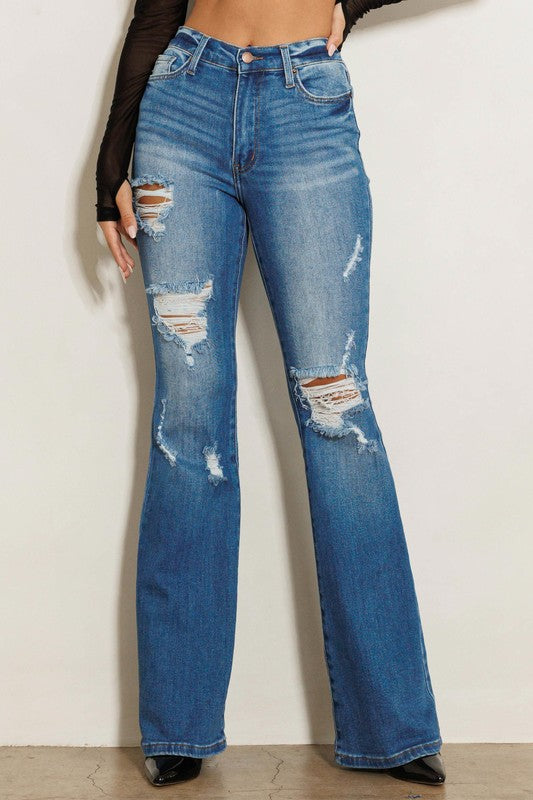 High Rise Distressed Flare Jeans Dark Stone Women&