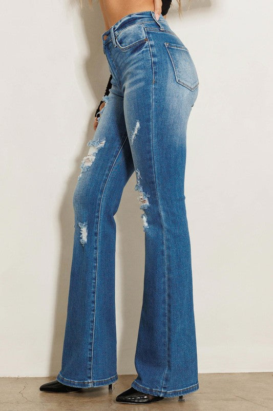 High Rise Distressed Flare Jeans Dark Stone Women&