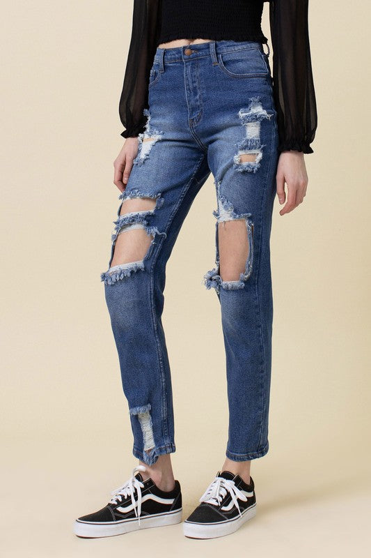 High Rise Distressed Mom Jean Medium Stone Women&