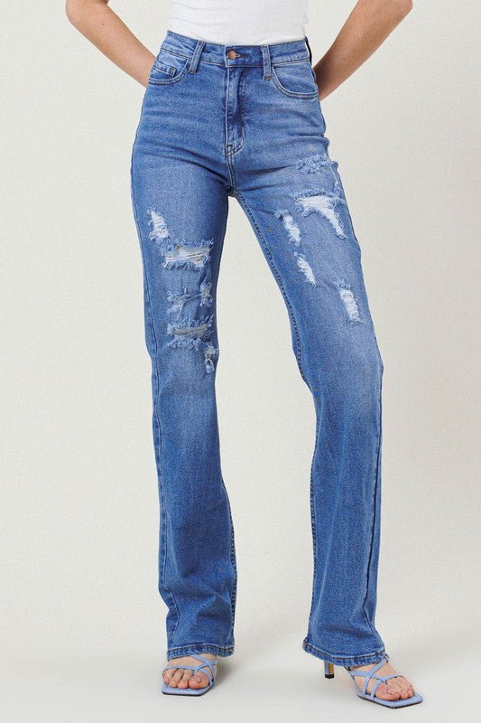 High Rise Distressed Straight Leg Jeans Medium Stone 1 by Vibrant M.i.U | Fleurcouture