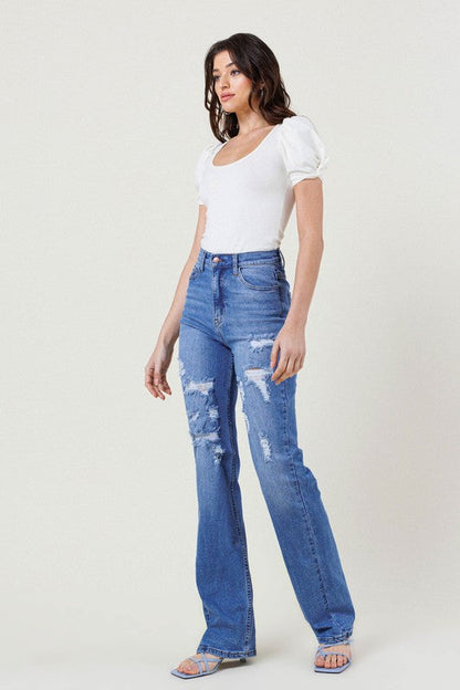 High Rise Distressed Straight Leg Jeans Medium Stone by Vibrant M.i.U | Fleurcouture