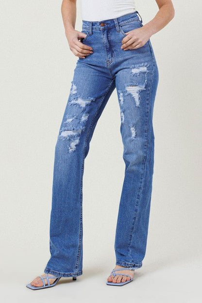 High Rise Distressed Straight Leg Jeans Medium Stone by Vibrant M.i.U | Fleurcouture