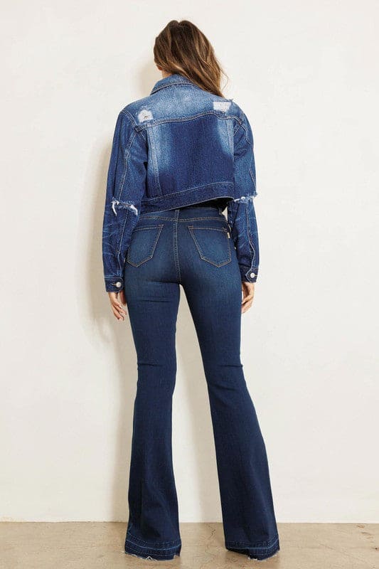 High Rise Flare Jean W Faded Wash Hem Detail Dark Stone Flare Jeans by Vibrant M.i.U | Fleurcouture