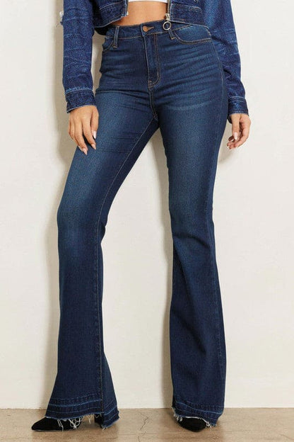 High Rise Flare Jean W Faded Wash Hem Detail Dark Stone Flare Jeans by Vibrant M.i.U | Fleurcouture