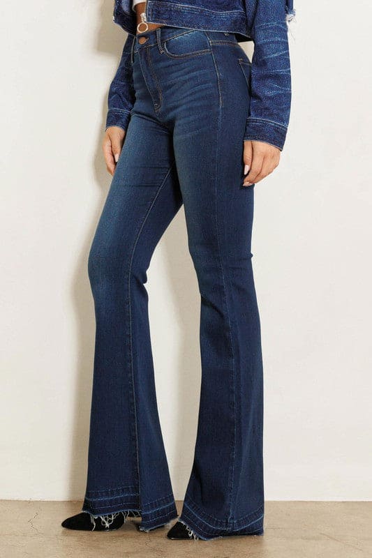 High Rise Flare Jean W Faded Wash Hem Detail Dark Stone Flare Jeans by Vibrant M.i.U | Fleurcouture