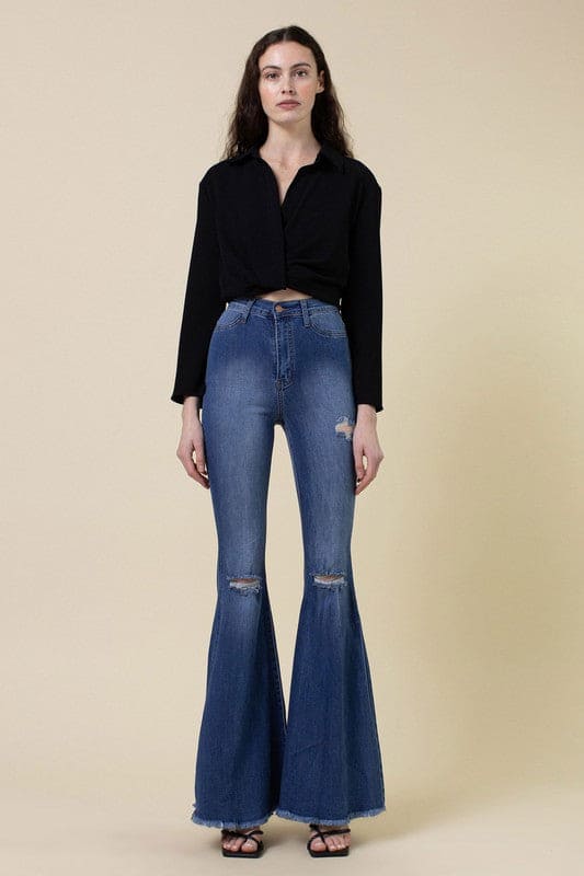 High Rise Flare Medium Stone Flare Jeans by Vibrant M.i.U | Fleurcouture