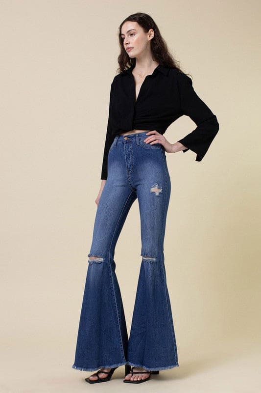 High Rise Flare Medium Stone Flare Jeans by Vibrant M.i.U | Fleurcouture