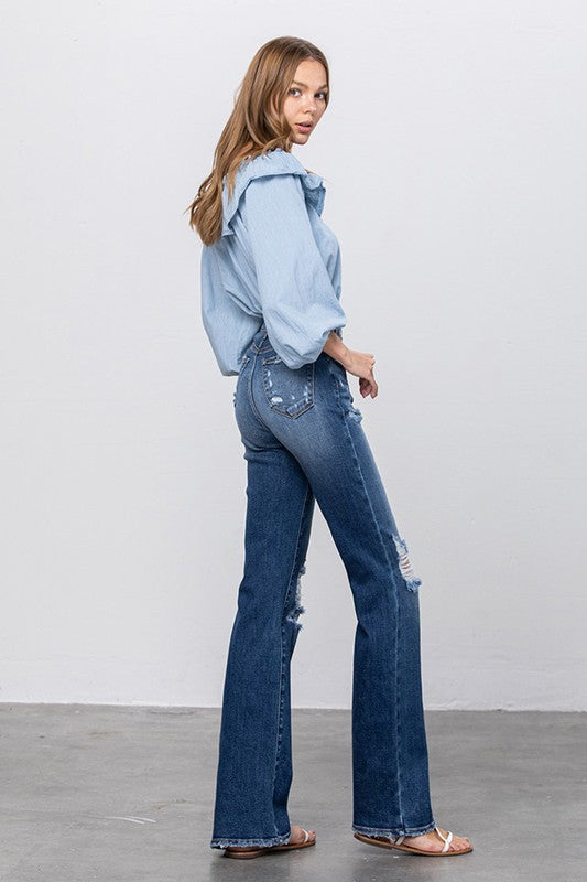 HIGH RISE FRAYED HEM FLARE JEANS DARK by Insane Gene | Fleurcouture