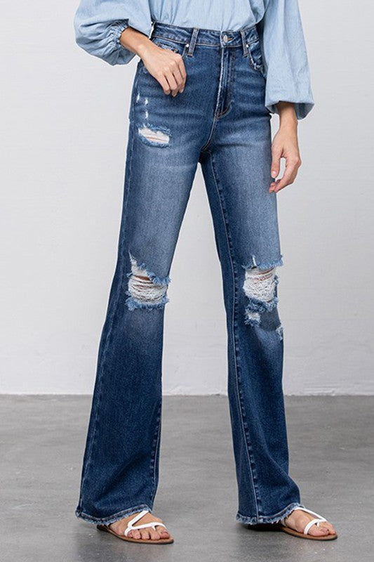 HIGH RISE FRAYED HEM FLARE JEANS DARK by Insane Gene | Fleurcouture