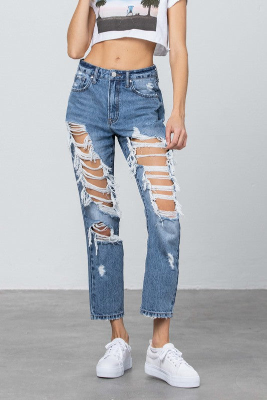 High Rise Heavy Destroyed Mom Jeans MEDIUM 1 by Denim Lab USA | Fleurcouture