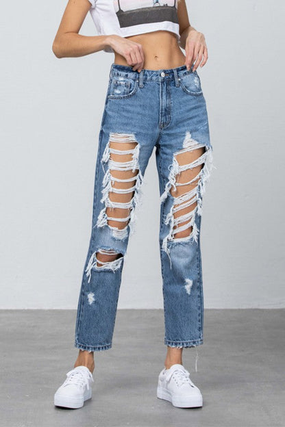 High Rise Heavy Destroyed Mom Jeans MEDIUM by Denim Lab USA | Fleurcouture