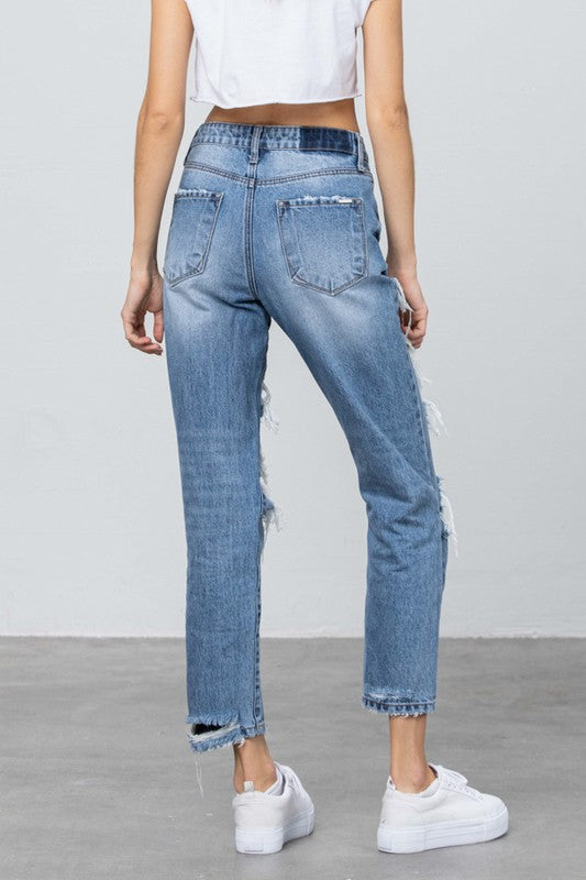 High Rise Heavy Destroyed Mom Jeans MEDIUM by Denim Lab USA | Fleurcouture