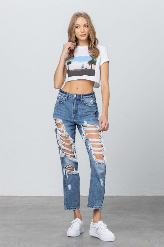 High Rise Heavy Destroyed Mom Jeans MEDIUM by Denim Lab USA | Fleurcouture