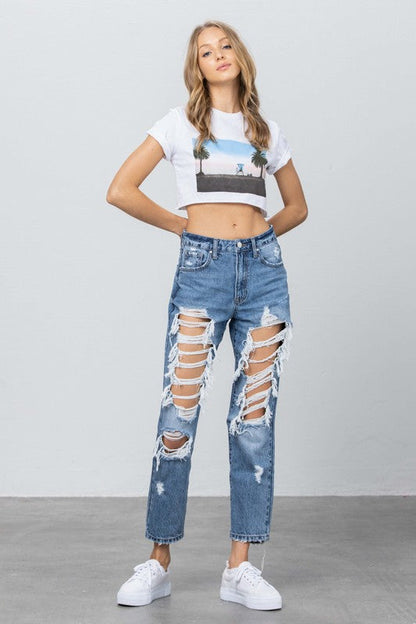 High Rise Heavy Destroyed Mom Jeans MEDIUM by Denim Lab USA | Fleurcouture